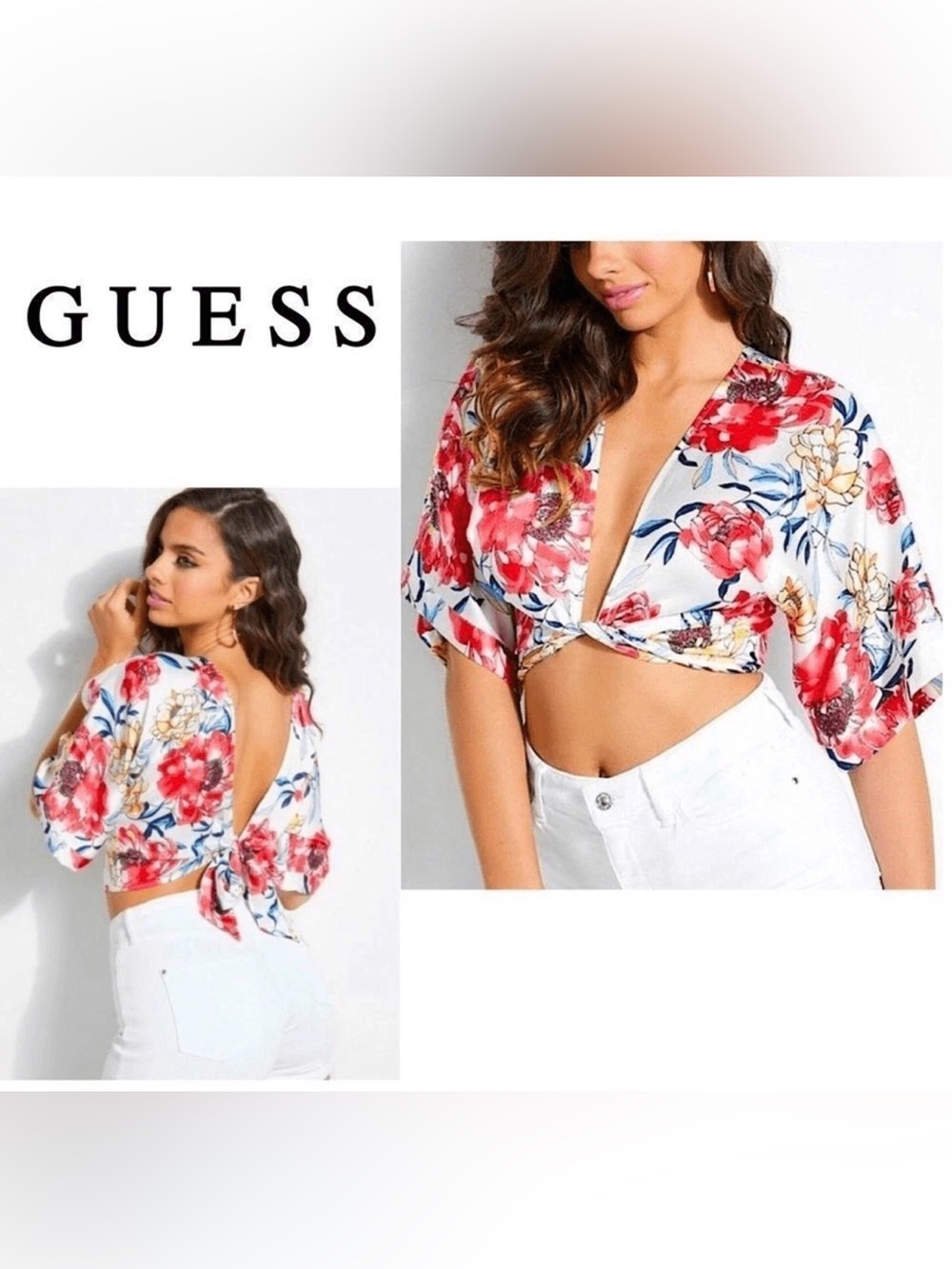 Guess M White Floral Twist-Front Crop Top -Red & Blue Blooms AND matching pants